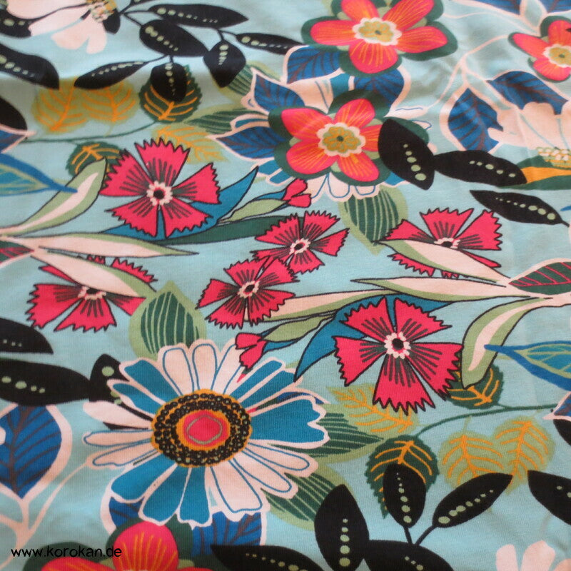 Baumwolljersey Blumen auf blau