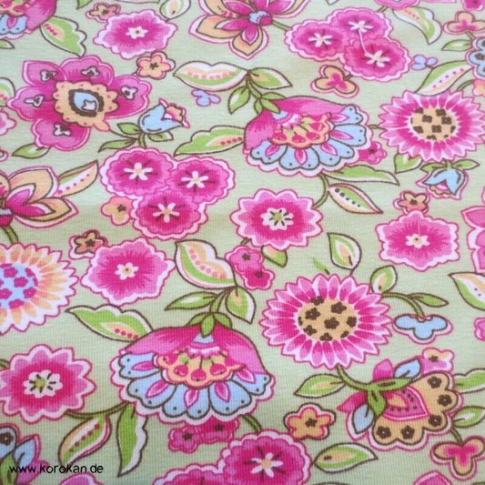 Baumwolljersey indische Blumen auf hellgrün