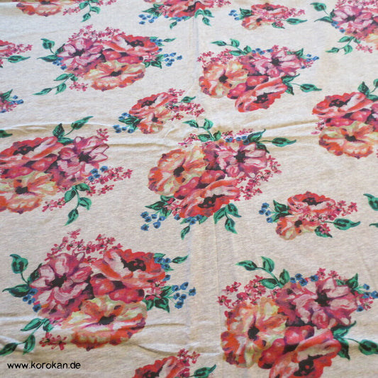 Baumwolljersey Rosenstrauß auf hellgrau meliert