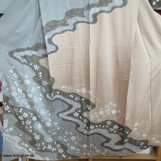 Shibori Fluss auf Sayagata Damast Homongi Kimono
