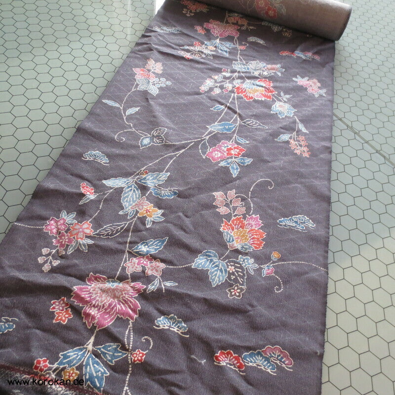 Bingata auf grau Seide /Wolle Kimono Damast