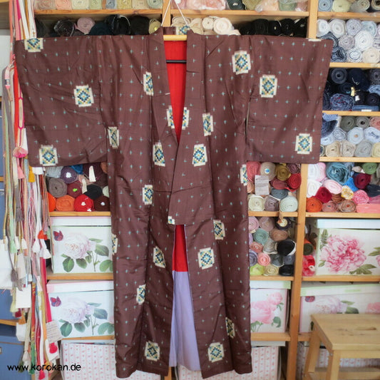 Japan Art Deco Karoblöcke türkis auf umbra Meisen Seiden Kimono