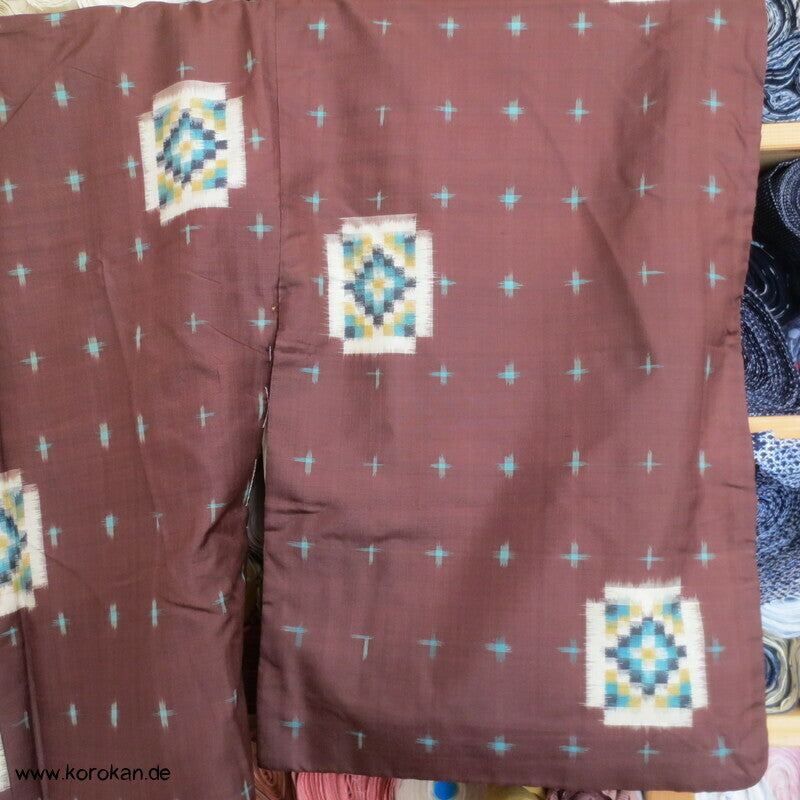 Japan Art Deco Karoblöcke türkis auf umbra Meisen Seiden Kimono
