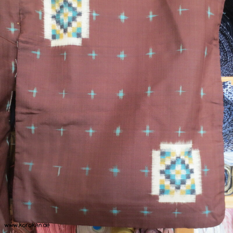 Japan Art Deco Karoblöcke türkis auf umbra Meisen Seiden Kimono