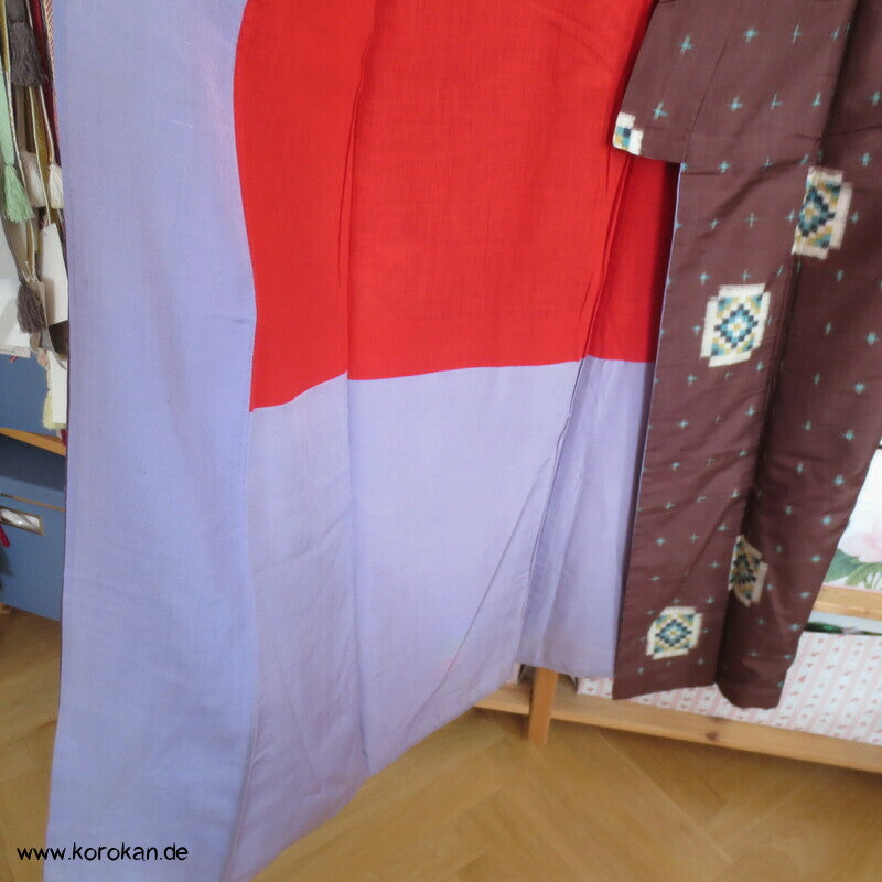 Japan Art Deco Karoblöcke türkis auf umbra Meisen Seiden Kimono