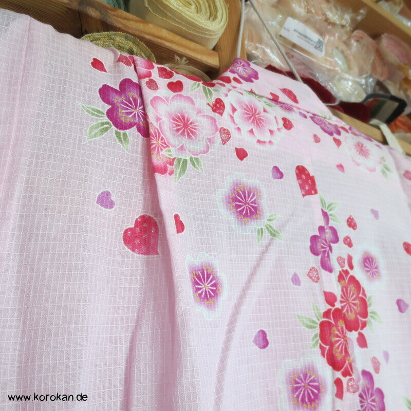 Yukata Kimono für Mädchen, Sakura Blüten auf rosa mit Glitzer