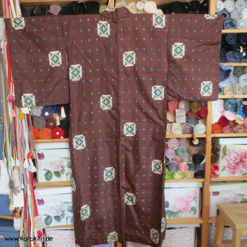 Japan Art Deco Karoblöcke türkis auf umbra Meisen Seiden Kimono
