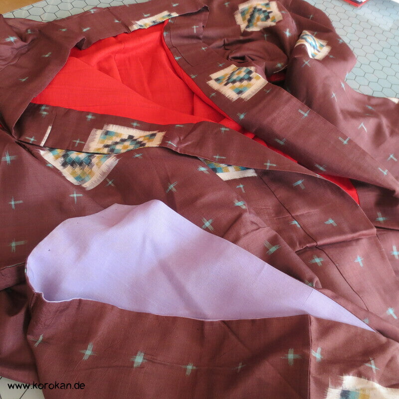Japan Art Deco Karoblöcke türkis auf umbra Meisen Seiden Kimono