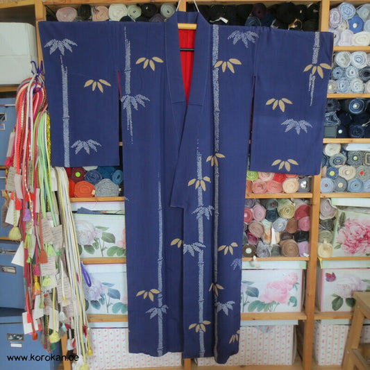 Shibori Bambusmuster, blauvioletter Seiden Homongi Kimono