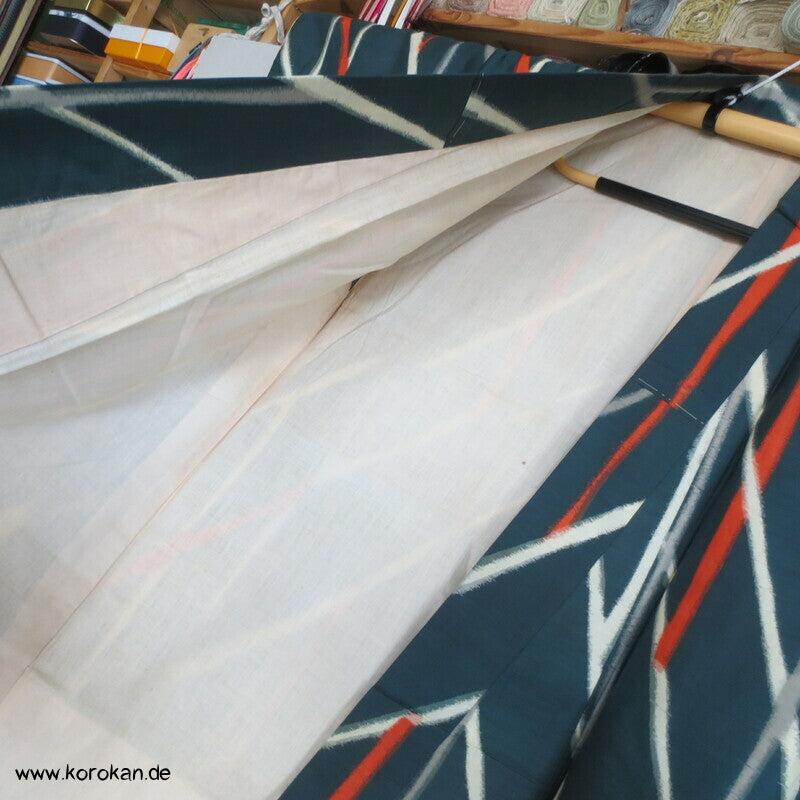 Art Deco Japan abstraktes Zweigegitter auf petrol Meisen Seiden Kimono