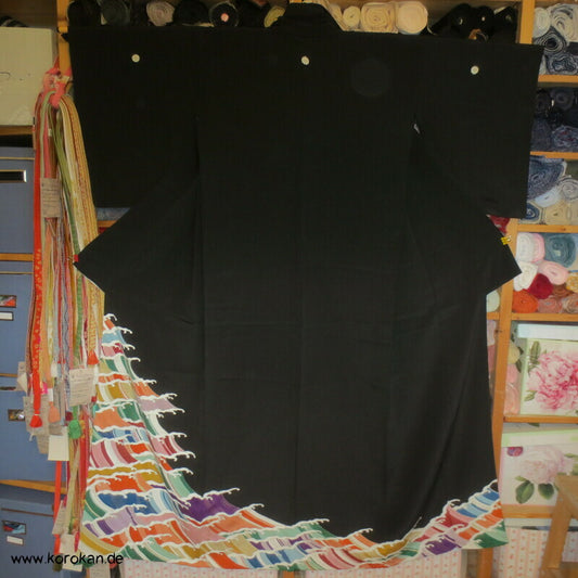 bunte Wellen Hitoe Tomesode Kimono Seidencrepe