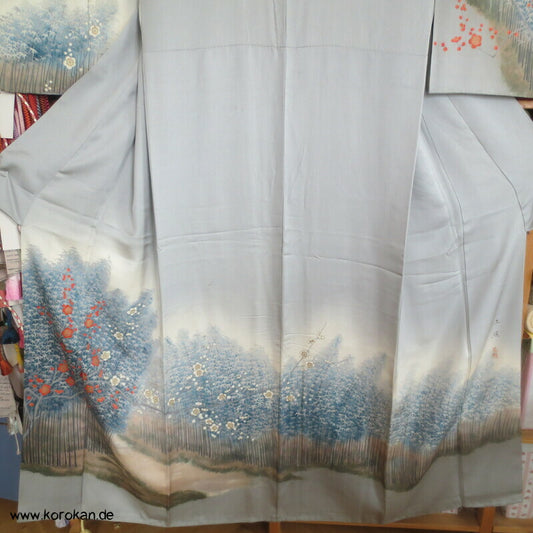 Homongi Kimono Künstlerarbeit, Seidendamast Ume und Bambuswald