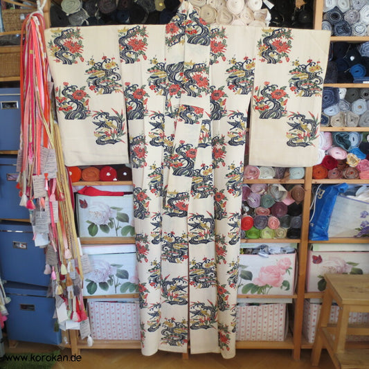 Japan Bingata Block Druck Primärfarben Seidencrepe Komon Kimono