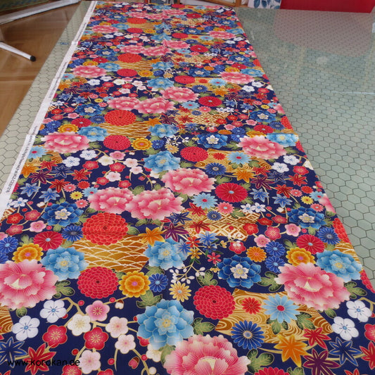 Japan Blüten auf blau dicker Baumwoll Leinwandstoff