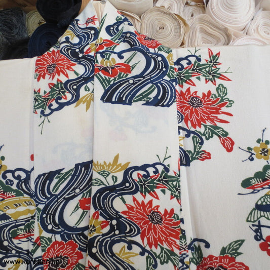 Japan Bingata Block Druck Primärfarben Seidencrepe Komon Kimono