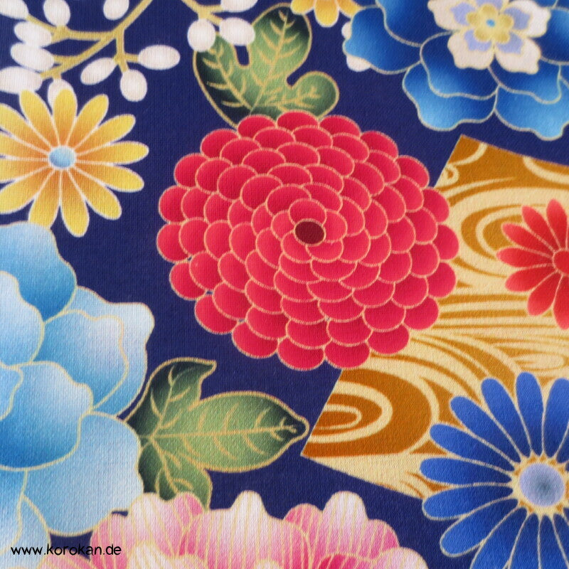 Japan Blüten auf blau dicker Baumwoll Leinwandstoff