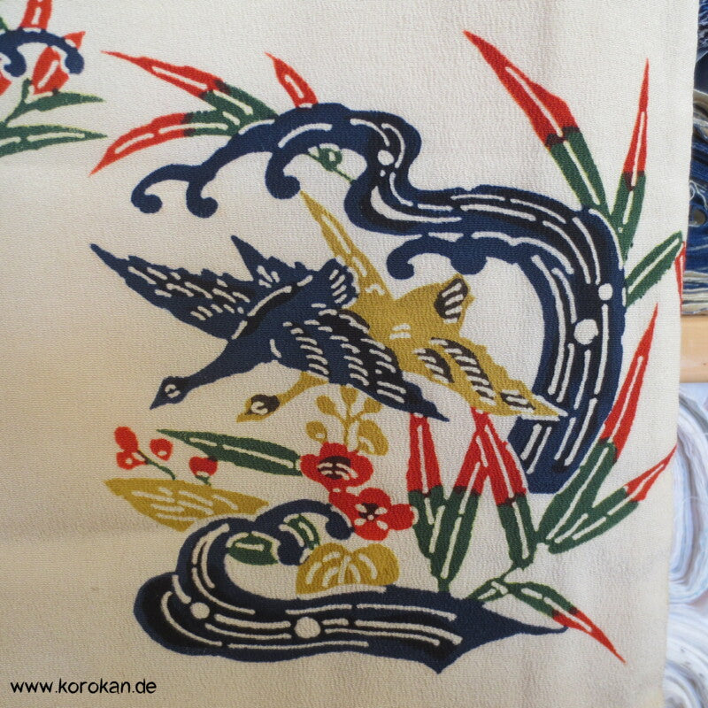 Japan Bingata Block Druck Primärfarben Seidencrepe Komon Kimono