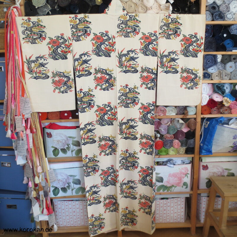 Japan Bingata Block Druck Primärfarben Seidencrepe Komon Kimono