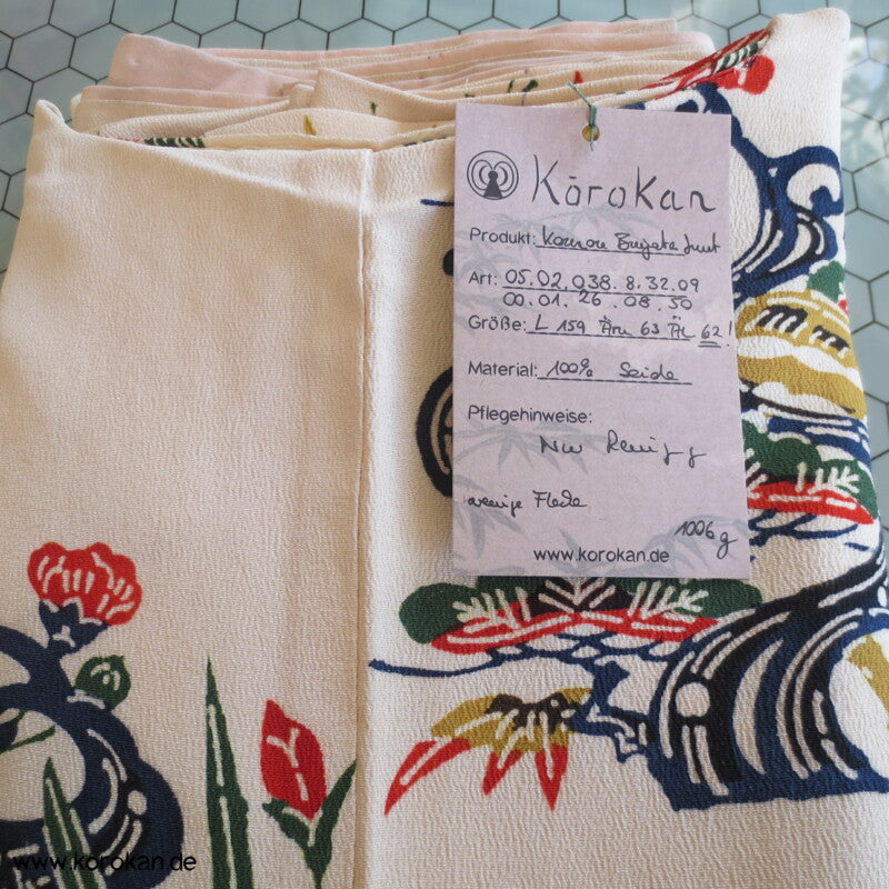 Japan Bingata Block Druck Primärfarben Seidencrepe Komon Kimono