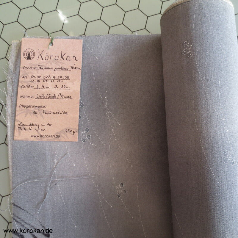 Blättchen in blaugrau Wolle/ Seide Kimono Stoff