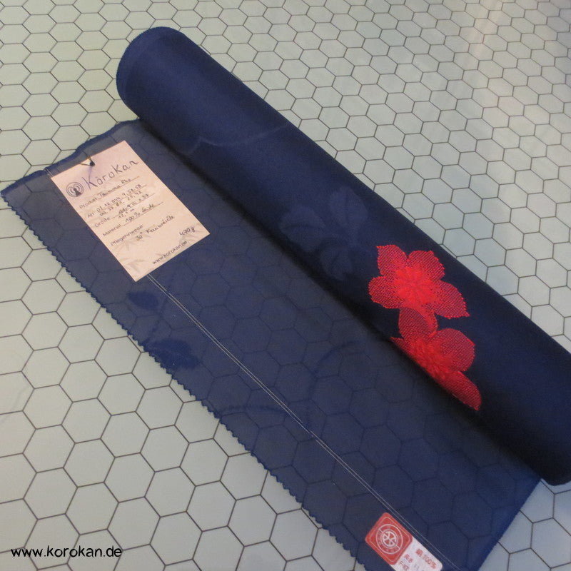 rote Blüten in dunkelblau Sommer Kimono Sha / Rho Seide