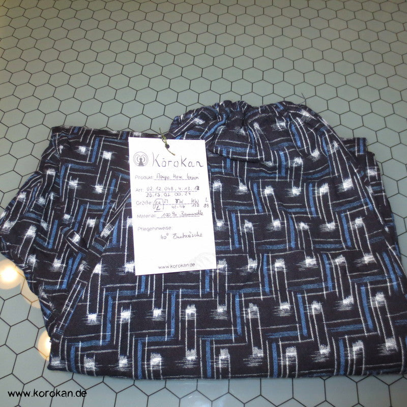 Monpe, japanische Arbeitshose für Frauen, blau, Kasurimuster, Ikat
