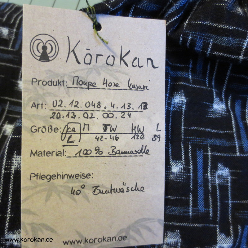 Monpe, japanische Arbeitshose für Frauen, blau, Kasurimuster, Ikat