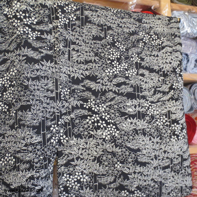Bambusmuster auf schwarz Seidencrepe Hitoe Komon Kimono