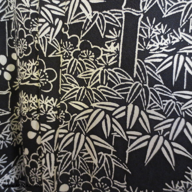 Bambusmuster auf schwarz Seidencrepe Hitoe Komon Kimono