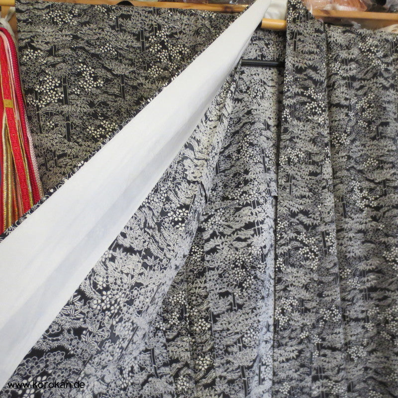 Bambusmuster auf schwarz Seidencrepe Hitoe Komon Kimono
