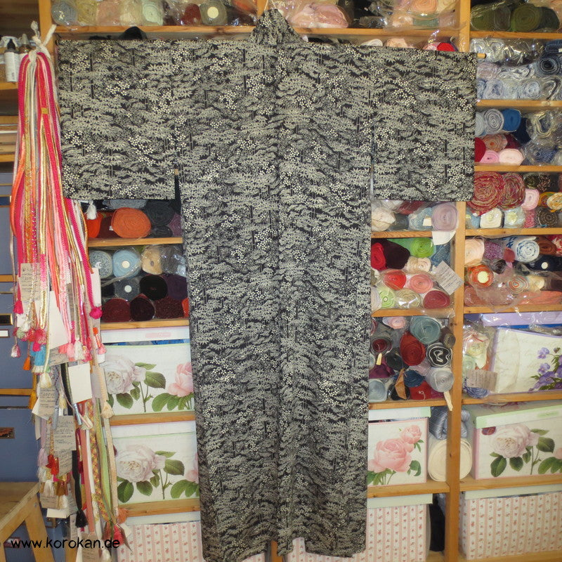 Bambusmuster auf schwarz Seidencrepe Hitoe Komon Kimono