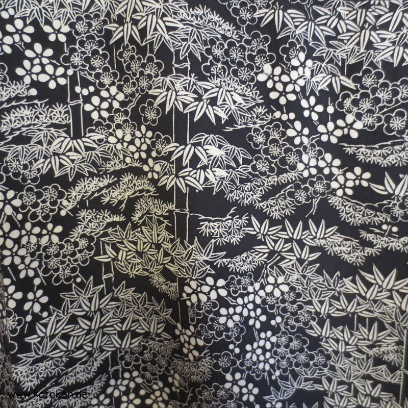 Bambusmuster auf schwarz Seidencrepe Hitoe Komon Kimono