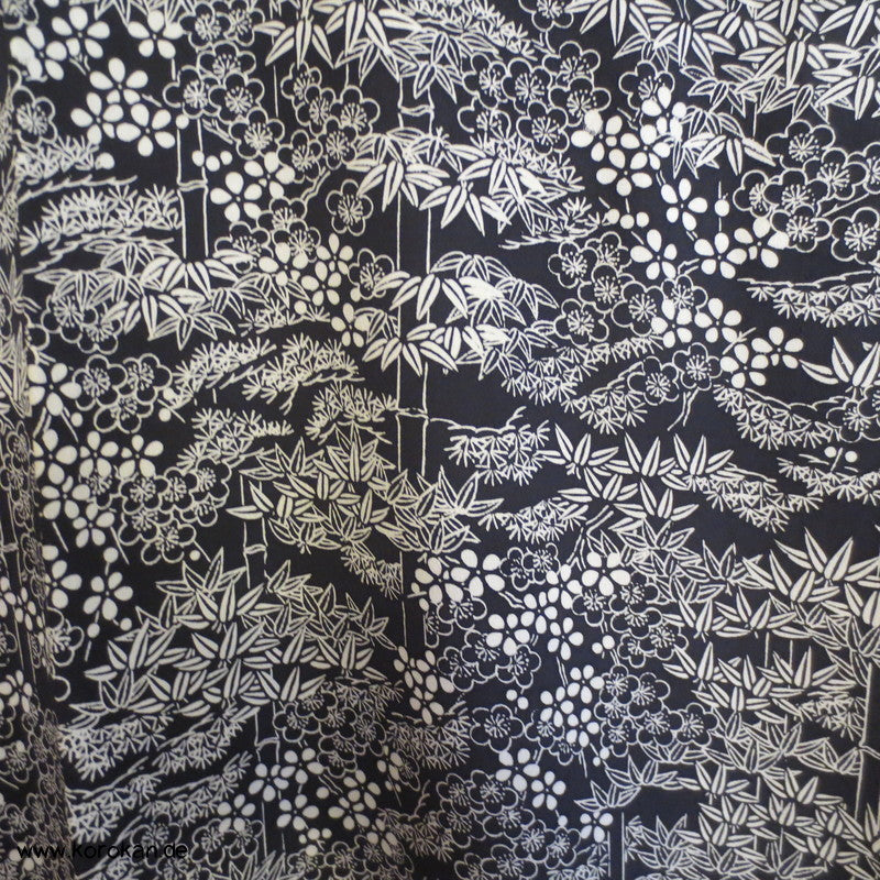 Bambusmuster auf schwarz Seidencrepe Hitoe Komon Kimono
