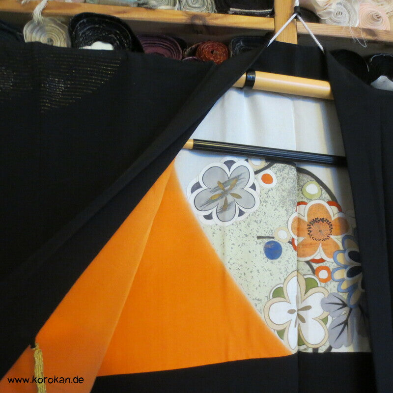 Urushi Blumenkugeln Haori (Abend - ) Seidenbrokat Kimono Jacke, buntes Futter