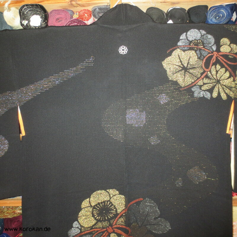 Urushi Blumenkugeln Haori (Abend - ) Seidenbrokat Kimono Jacke, buntes Futter