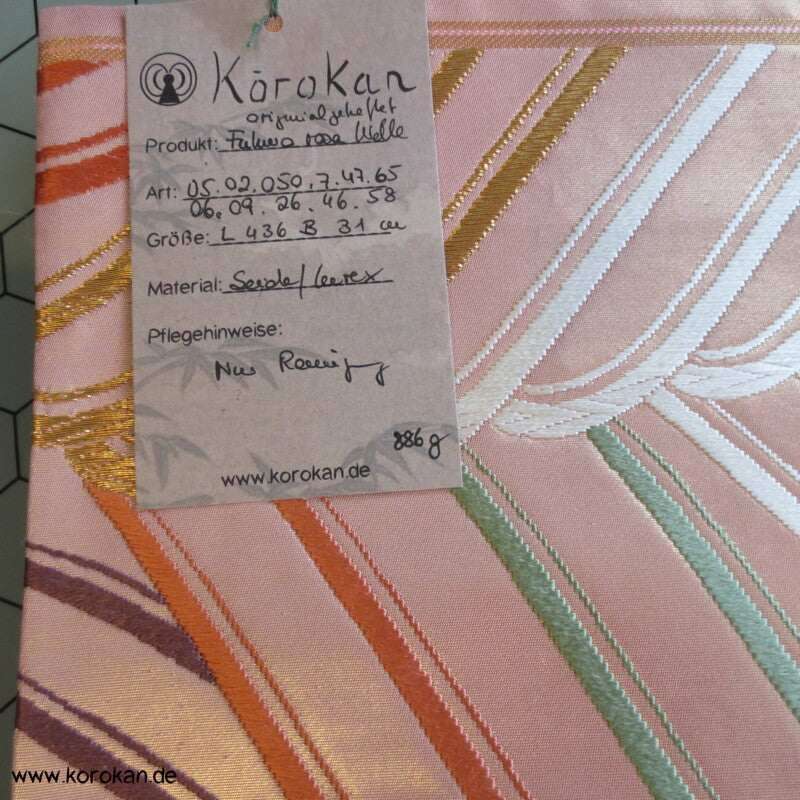 bunte Wellen auf rosa Glanz Originalgehefteter Fukuro Obi