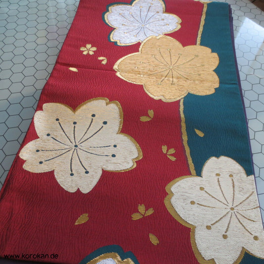 glänzende Sakura auf rot - petrol Fukuro Obi