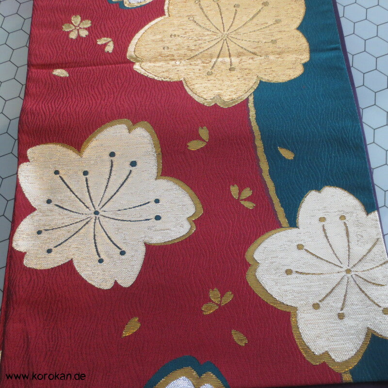glänzende Sakura auf rot - petrol Fukuro Obi