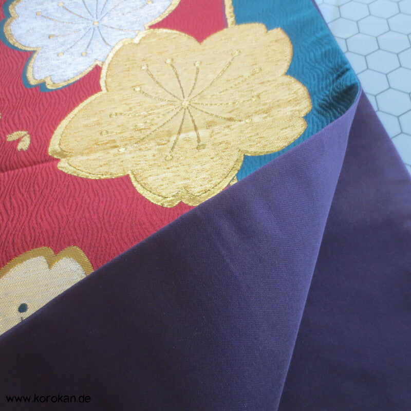 glänzende Sakura auf rot - petrol Fukuro Obi