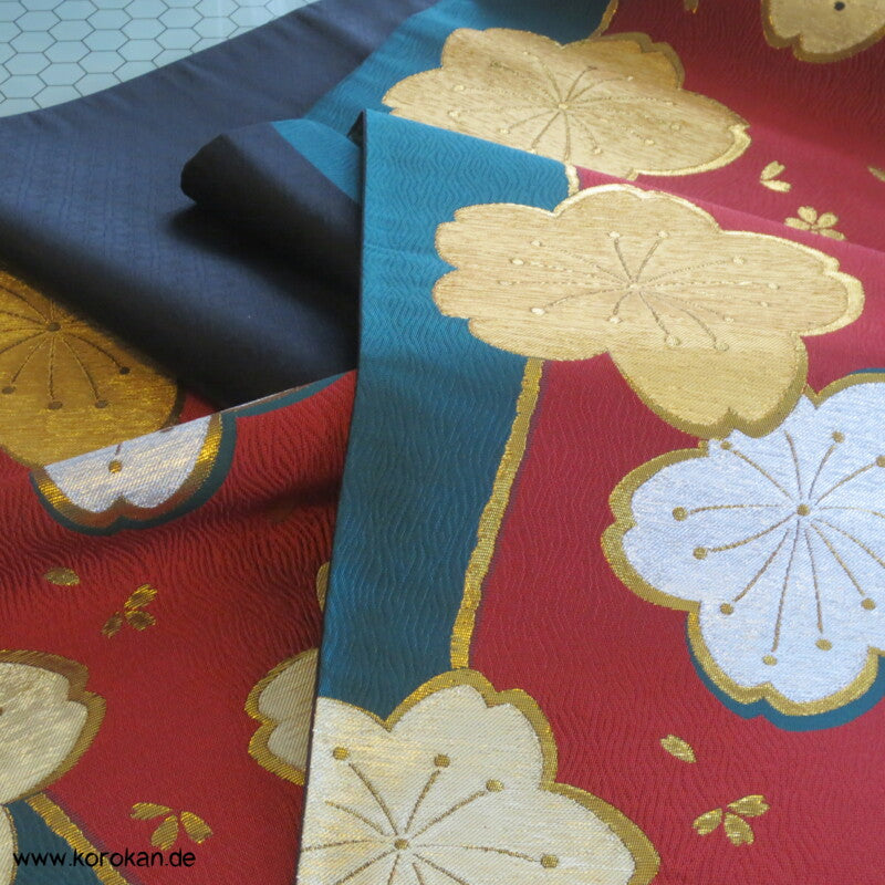 glänzende Sakura auf rot - petrol Fukuro Obi