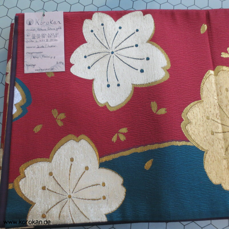 glänzende Sakura auf rot - petrol Fukuro Obi