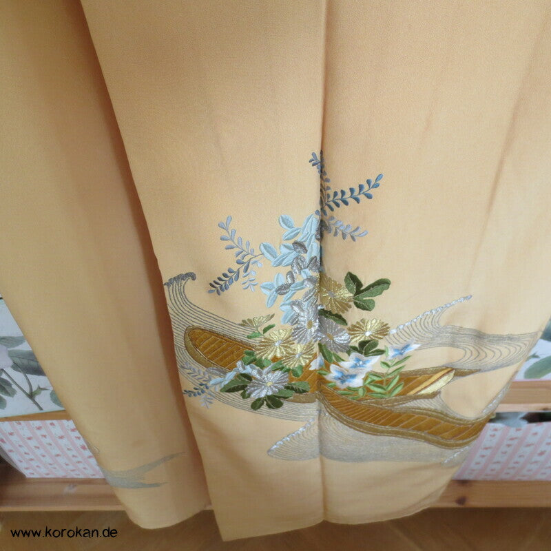 Japan Boote im Schilf Stickerei Irotomesode Seidencrepe Kimono