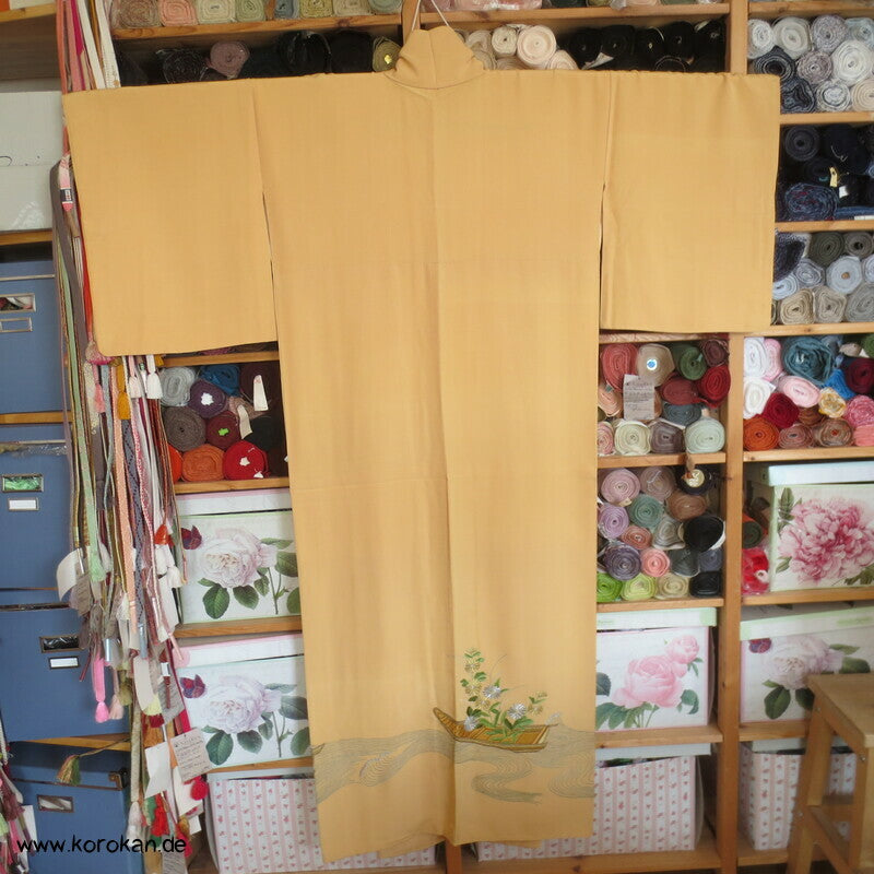 Japan Boote im Schilf Stickerei Irotomesode Seidencrepe Kimono