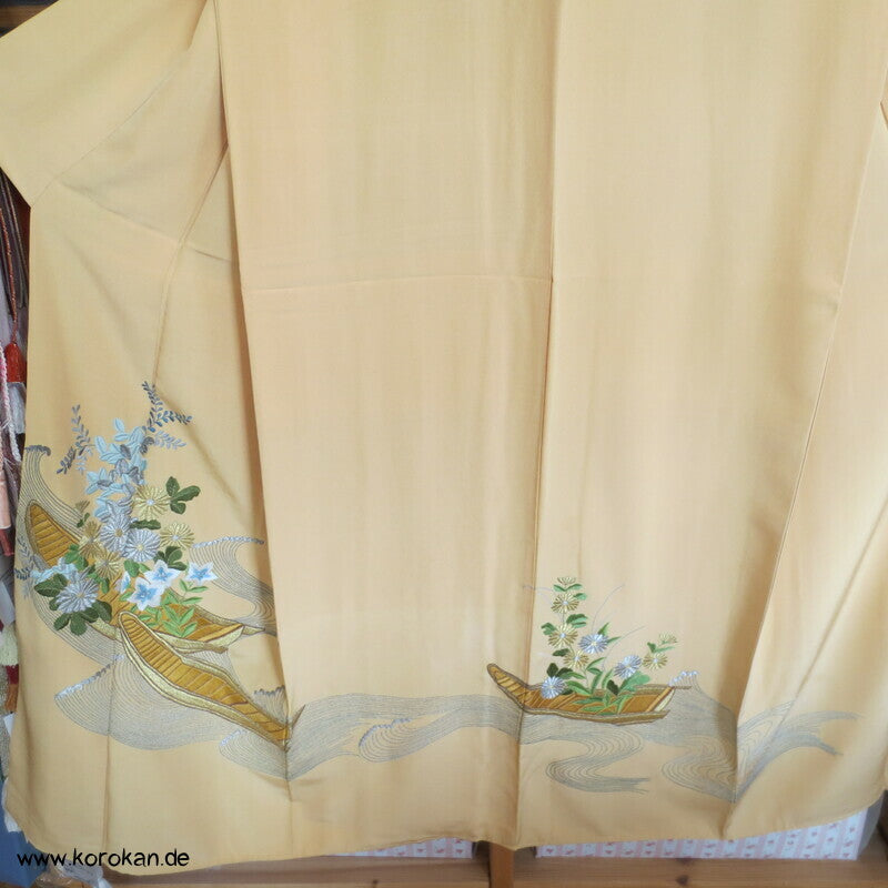 Japan Boote im Schilf Stickerei Irotomesode Seidencrepe Kimono