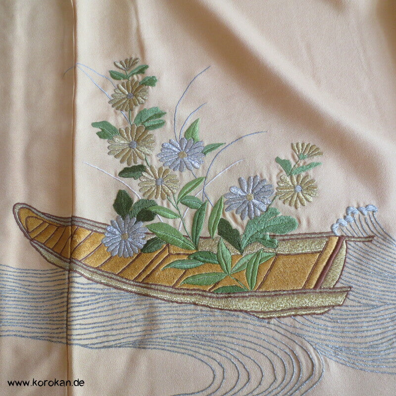 Japan Boote im Schilf Stickerei Irotomesode Seidencrepe Kimono