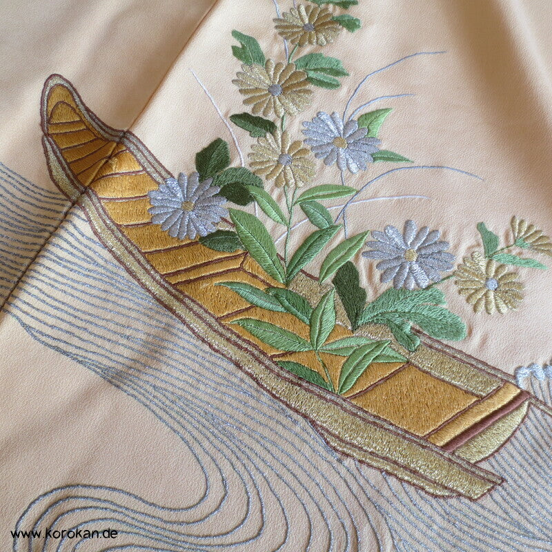 Japan Boote im Schilf Stickerei Irotomesode Seidencrepe Kimono