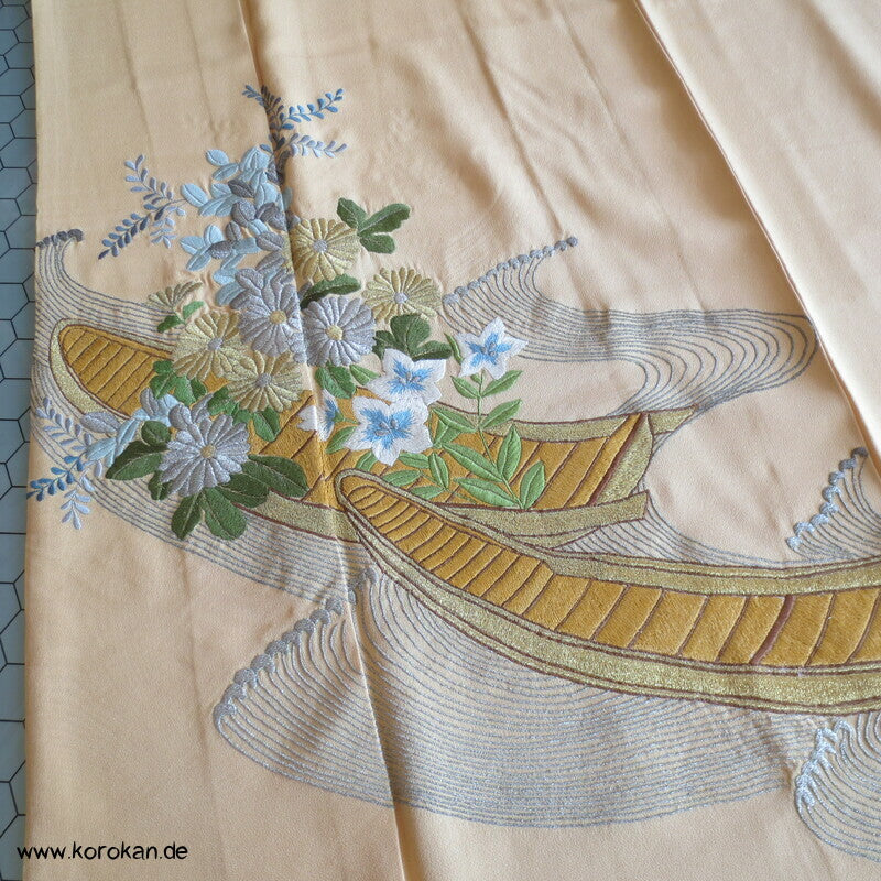 Japan Boote im Schilf Stickerei Irotomesode Seidencrepe Kimono