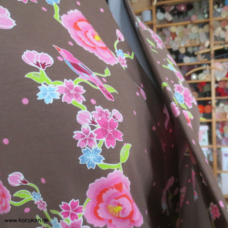 Kimonoshirt aus Stenzo Baumwolljersey Blumen, Vögel