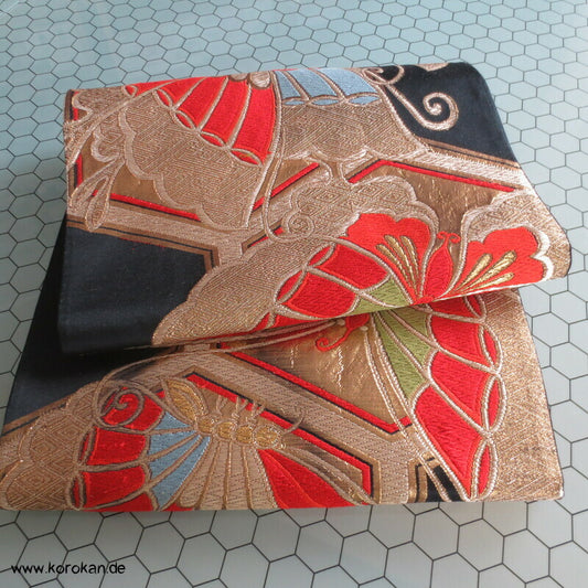 Schmetterlinge Fukuro Obi schwarzgrundiger Seiden Brokat Kimonogürtel