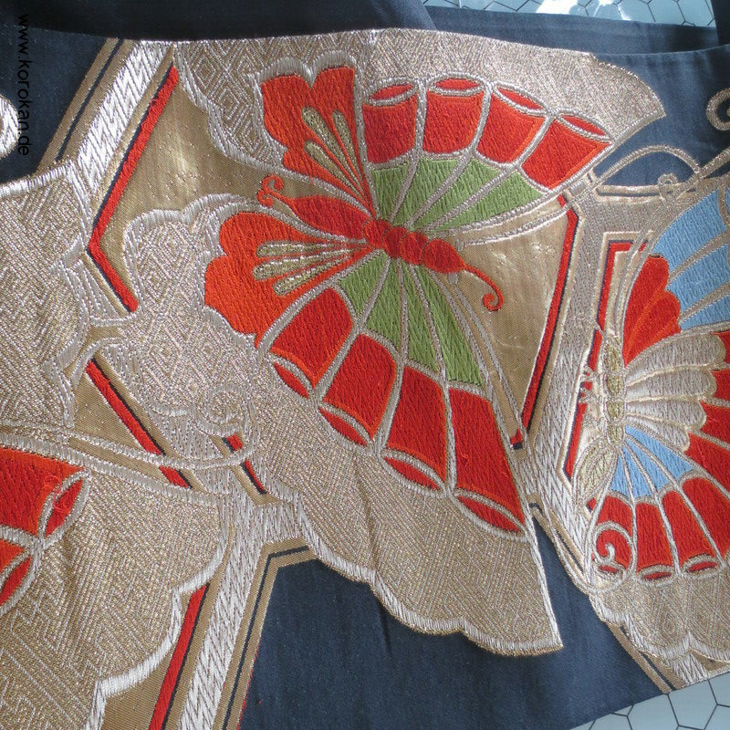 Schmetterlinge Fukuro Obi schwarzgrundiger Seiden Brokat Kimonogürtel